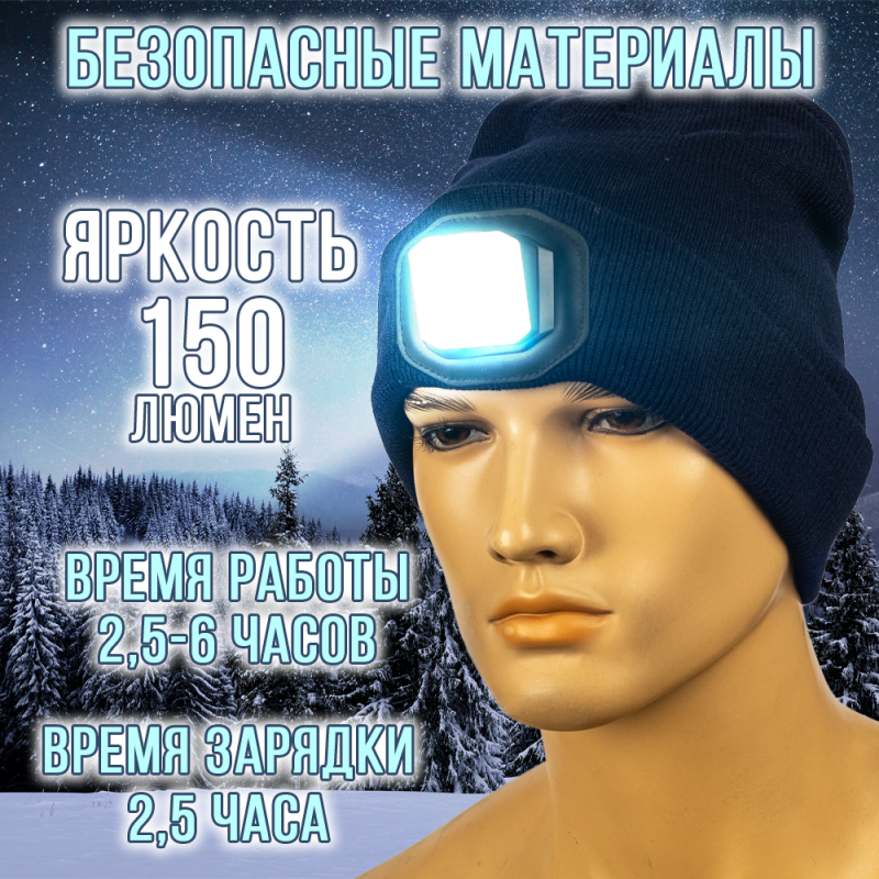 Шапка-фонарь 5828B (черный) унисекс, налобный аккумуляторный, разъем Type-C